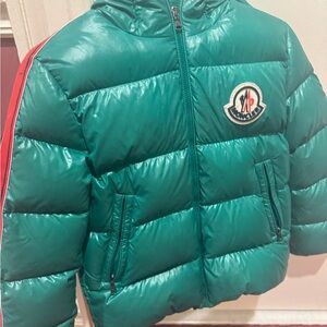 Moncler Green Puffer Jacket with Red Stripe